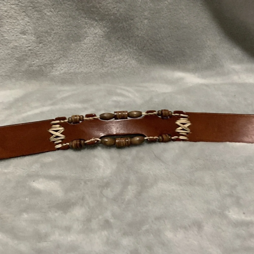 Vintage Omega Genuine Leather‎ Belt Large Brown Beaded & Stitched Made in Turkey